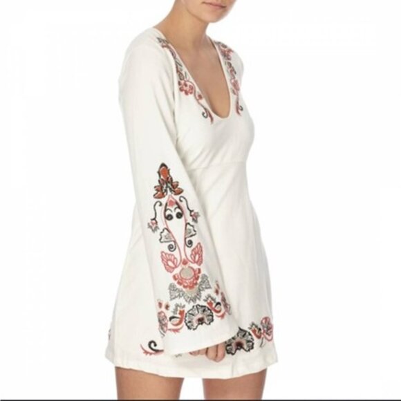 Free People Embroidered Holiday Folk Mini Dress in Ivory Combo - Size 4 - Picture 5 of 15